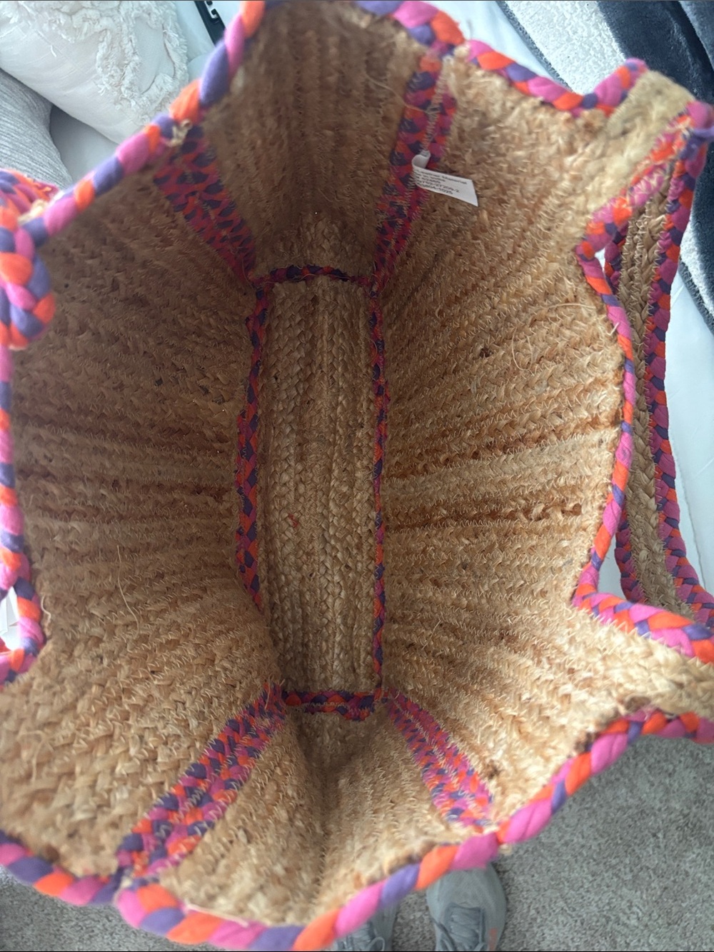 No Boundaries Natural Straw Tote with Pink and Orange Trim - Picture 2 of 2